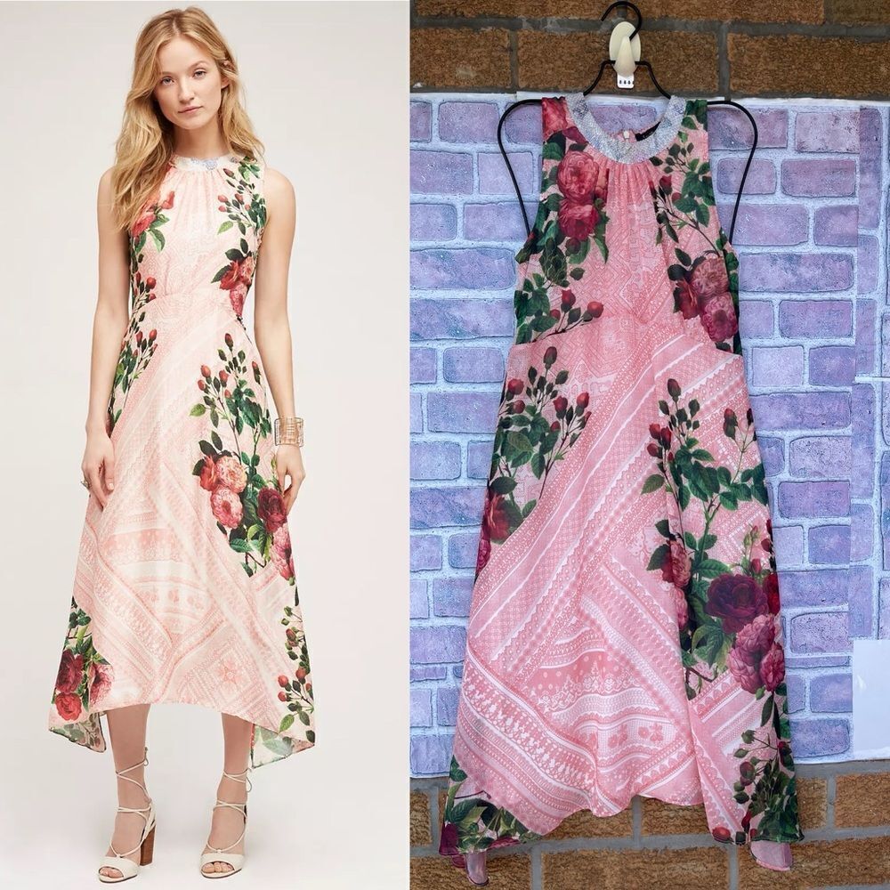 Anthropologie Pankaj & Nidhi Butterfly Garden Floral Beaded Neck Midi Dress 6
